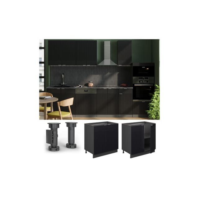 Vicco Unterschrank Fame-Line Anthrazit Schwarz gestreift 80 cm mit Arbeitsplatte Eiche
