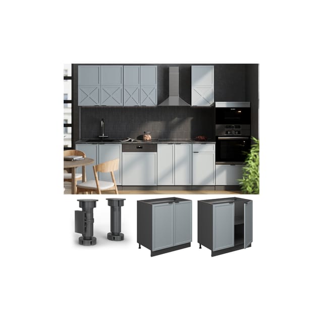 Vicco Unterschrank Fame-Line Anthrazit Hellblau-Grau gerahmt 80 cm mit Arbeitsplatte Eiche