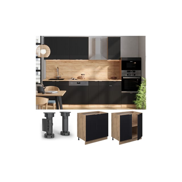 Vicco Unterschrank Fame-Line Eiche Schwarz gestreift 80 cm mit Arbeitsplatte Anthrazit