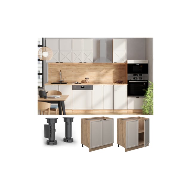Vicco Unterschrank Fame-Line Eiche Grau-Beige gerahmt 80 cm mit Arbeitsplatte Anthrazit