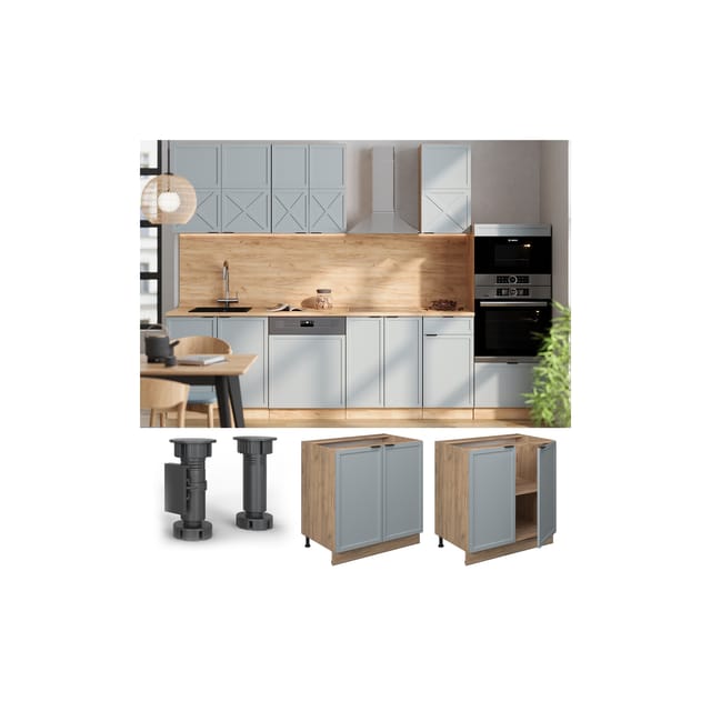 Vicco Unterschrank Fame-Line Eiche Hellblau-Grau gerahmt 80 cm mit Arbeitsplatte Eiche