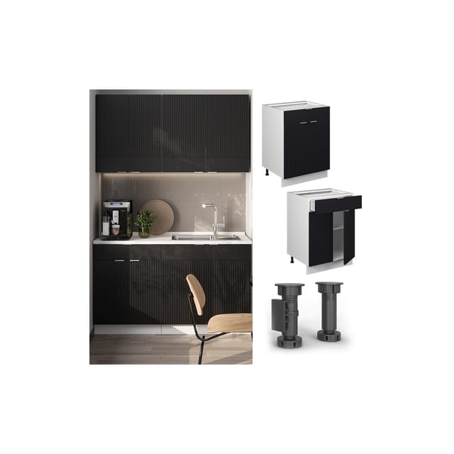 Vicco Schubunterschrank Fame-Line Weiß Schwarz gestreift 60 cm mit Arbeitsplatte Eiche