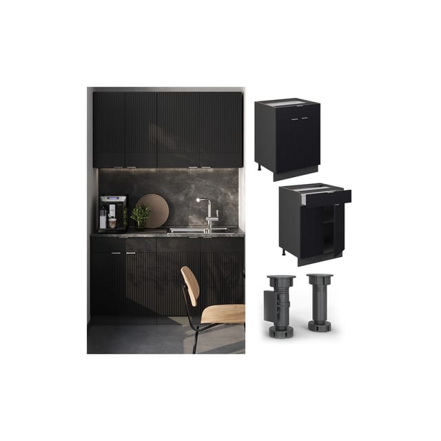 Vicco Schubunterschrank Fame-Line Anthrazit Schwarz gestreift 60 cm mit Arbeitsplatte Anthrazit