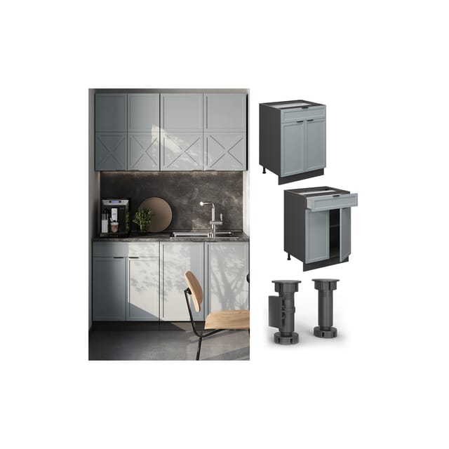 Vicco Schubunterschrank Fame-Line Anthrazit Hellblau-Grau gerahmt 60 cm mit Arbeitsplatte Anthrazit