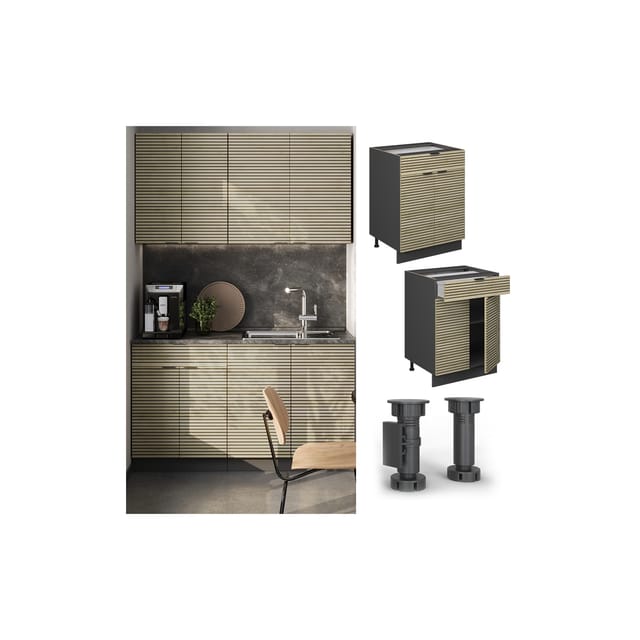 Vicco Schubunterschrank Fame-Line Anthrazit Eiche gefräst 60 cm mit Arbeitsplatte Eiche