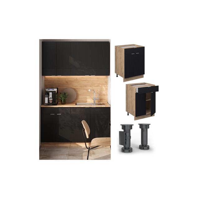 Vicco Schubunterschrank Fame-Line Eiche Schwarz gestreift 60 cm mit Arbeitsplatte Eiche