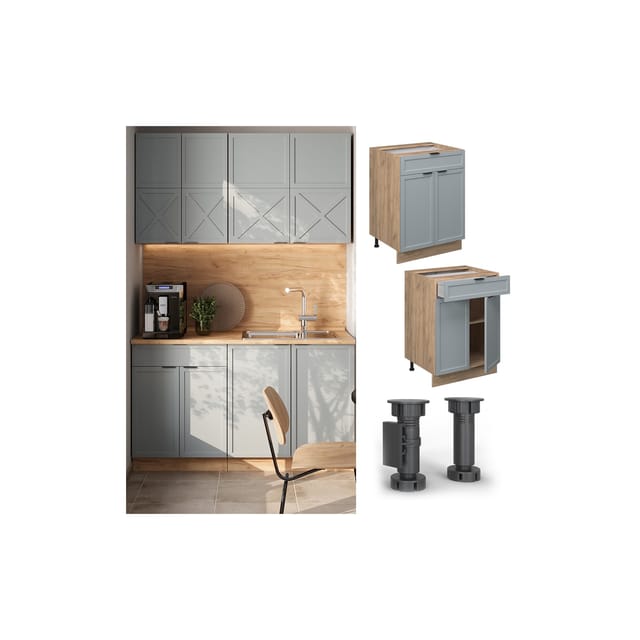 Vicco Schubunterschrank Fame-Line Eiche Hellblau-Grau gerahmt 60 cm mit Arbeitsplatte Eiche