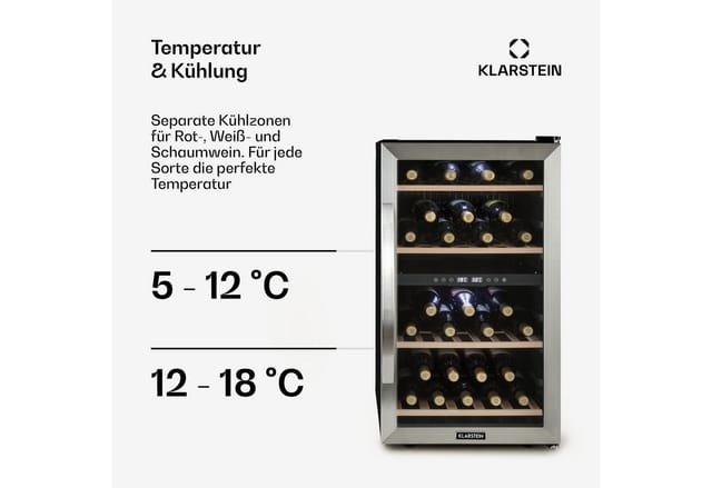 Vinamour 45 DuoWeinkühlschrank 2 Zonen 118 Ltr / 45 Fl 5-18 °C Edelstahl 45 Flaschen 2 Kühlzonen