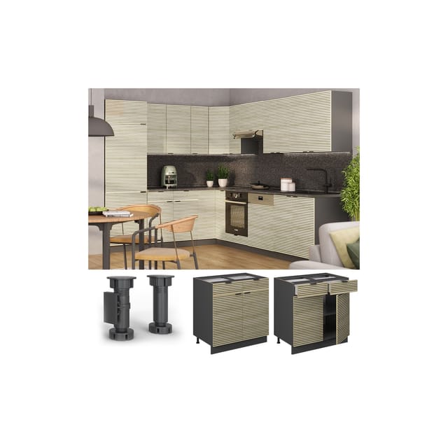 Vicco Schubunterschrank Fame-Line Anthrazit Eiche gefräst 80 cm mit Arbeitsplatte Eiche