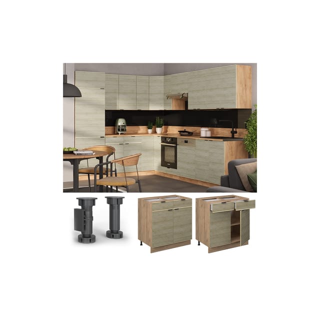 Vicco Schubunterschrank Fame-Line Eiche gefräst 80 cm mit Arbeitsplatte Marmor-Weiß