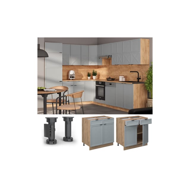 Vicco Schubunterschrank Fame-Line Eiche Hellblau-Grau gerahmt 80 cm mit Arbeitsplatte Eiche