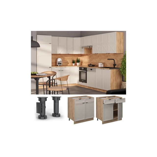 Vicco Schubunterschrank Fame-Line Eiche Grau-Beige gerahmt 80 cm mit Arbeitsplatte Eiche