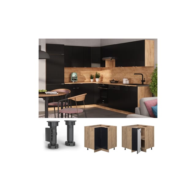 Vicco Eckunterschrank Fame-Line Eiche Schwarz gestreift 87 cm mit Arbeitsplatte Anthrazit