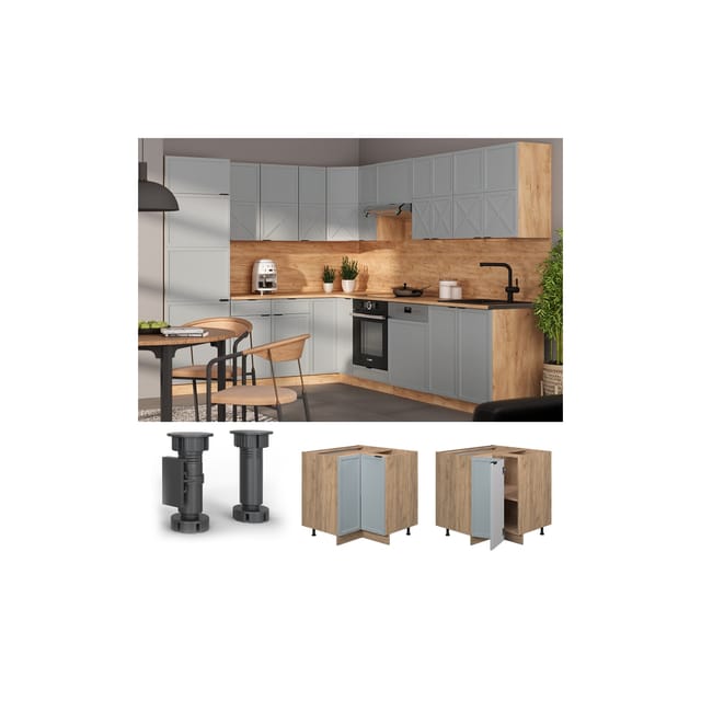 Vicco Eckunterschrank Fame-Line Eiche Hellblau-Grau gerahmt 87 cm mit Arbeitsplatte Eiche