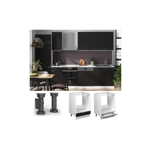 Vicco Herdumbauschrank Fame-Line Weiß Schwarz gestreift 60 cm mit Arbeitsplatte Eiche