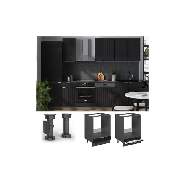 Vicco Herdumbauschrank Fame-Line Anthrazit Schwarz gestreift 60 cm mit Arbeitsplatte Eiche