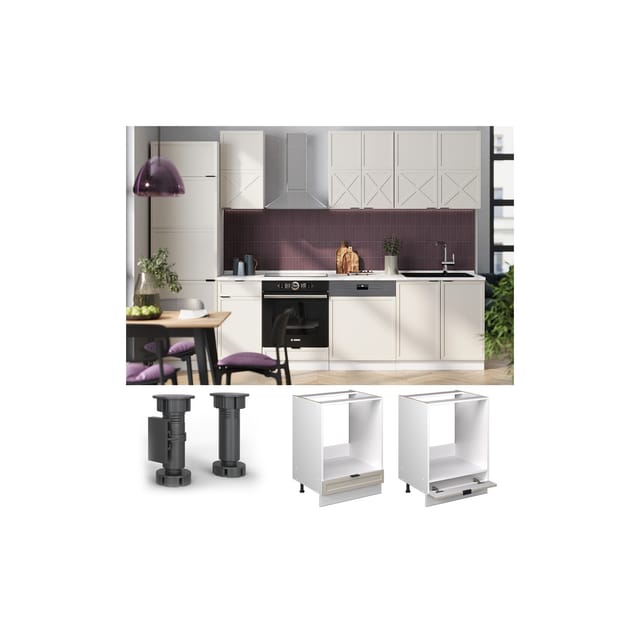 Vicco Herdumbauschrank Fame-Line Weiß Grau-Beige gerahmt 60 cm mit Arbeitsplatte Eiche