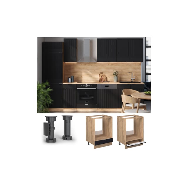 Vicco Herdumbauschrank Fame-Line Eiche Schwarz gestreift 60 cm mit Arbeitsplatte Marmor-Weiß