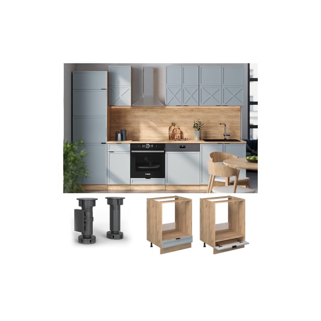 Vicco Herdumbauschrank Fame-Line Eiche Hellblau-Grau gerahmt 60 cm mit Arbeitsplatte Eiche