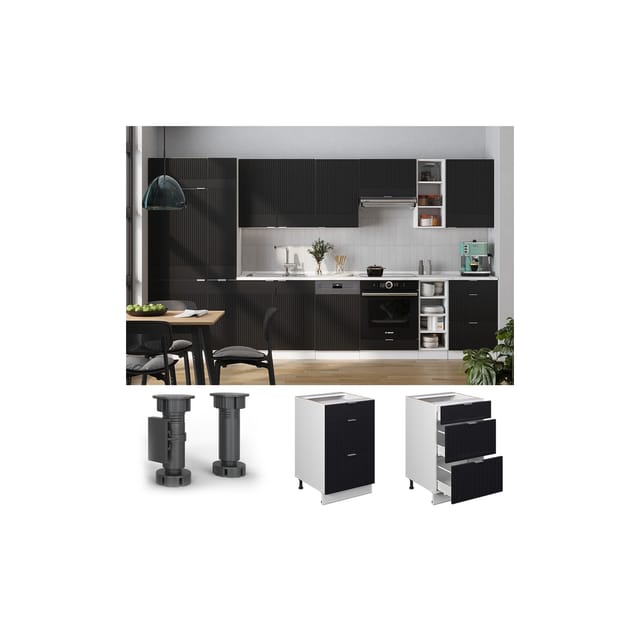 Vicco Schubladenunterschrank Fame-Line Weiß Schwarz gestreift 50 cm mit Arbeitsplatte Marmor-Weiß