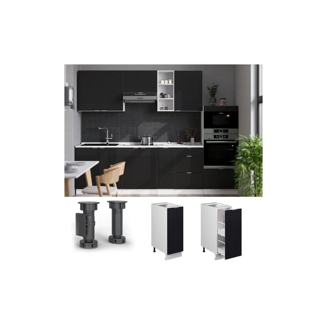 Vicco Apothekerunterschrank Fame-Line Weiß Schwarz gestreift 30 cm mit Arbeitsplatte Eiche