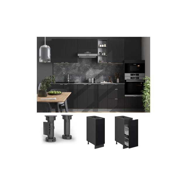 Vicco Apothekerunterschrank Fame-Line Anthrazit Schwarz gestreift 30 cm mit Arbeitsplatte Eiche