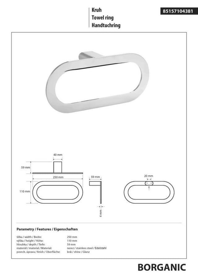 Brillantbad BORGANIC Handtuchring Edelstahl poliert 250x110x59 mm für Bad & Küche >> zum Bohren