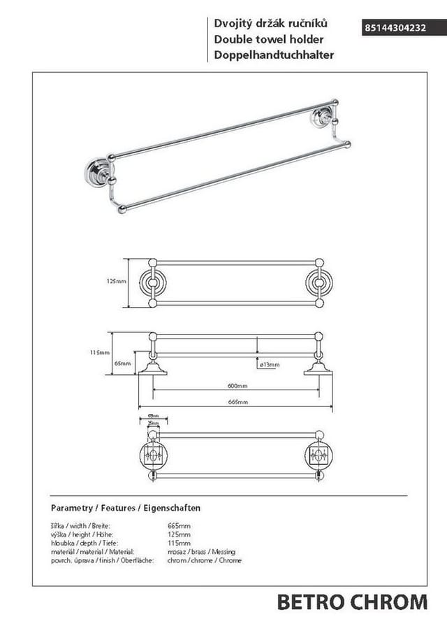 Brillantbad BETRO CHROM Doppelhandtuchhalter Messing Chrom 665x125x115 mm für Bad & Küche >> zum Bohren