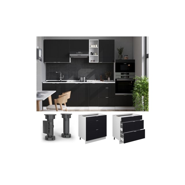 Vicco Schubladenunterschrank Fame-Line Weiß Schwarz gestreift 80 cm mit Arbeitsplatte Eiche