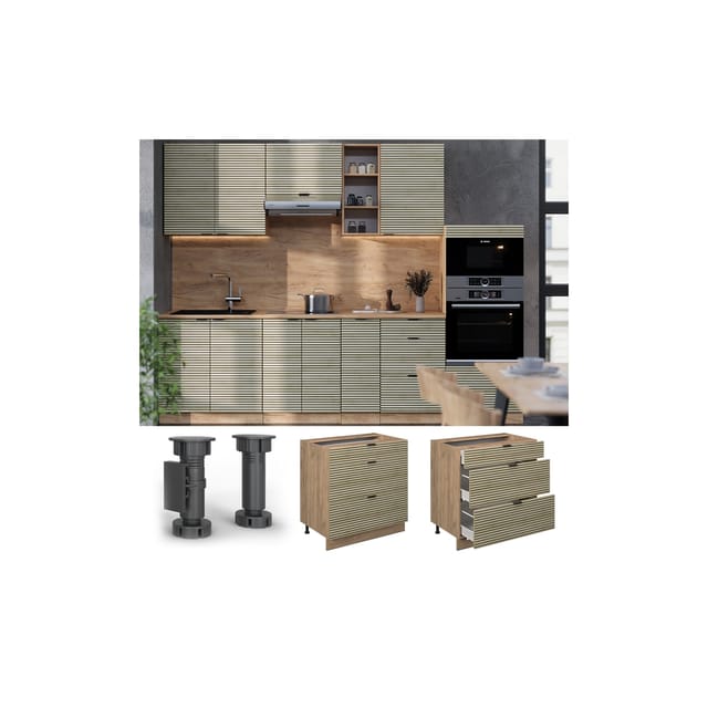 Vicco Schubladenunterschrank Fame-Line Eiche gefräst 80 cm mit Arbeitsplatte Marmor-Weiß