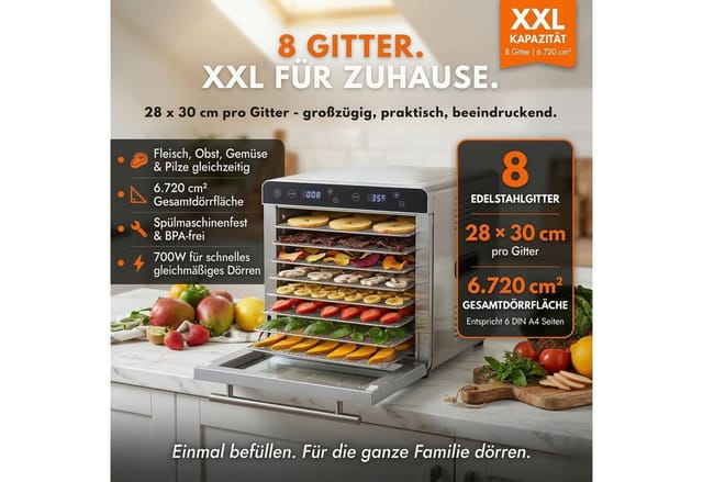 Sommertal Dörrautomat Silence 700 XXL inkl. 8 Edelstahl Dörrgitter, LED-Display, 24h Timer, Temperatureinstellung von (35°C–85°C) einstellbar, inkl. Kochbuch, Profi Dörrgerät, 700W Dehydrator