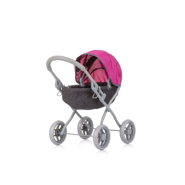 Chipolino Puppenwagen Daisy klappbar, Sonnendach, vier große Räder, ab 3 Jahren grau pink