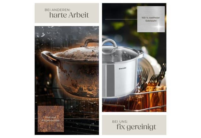 tectake® Kochtopfset, 15-teilig, aus Edelstahl, für Induktion geeignet, Glasdeckel mit Dampfabzug, integrierte Messskala in den Töpfen