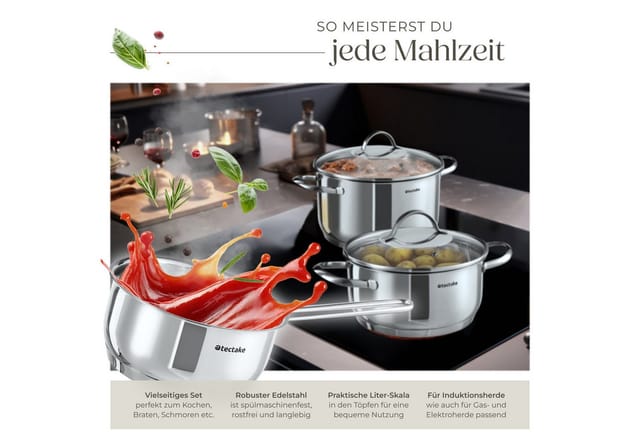 tectake® Kochtopfset, 7-teilig, aus Edelstahl, für Induktion geeignet, Glasdeckel mit Dampfabzug, integrierte Messskala in den Töpfen