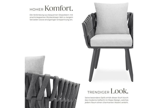 tectake® Aluminium 2er Set Stuhl, im Rope-Design, dicke Polsterung, höhenverstellbare Kunststofffüße, 61 x 60 x 73 cm