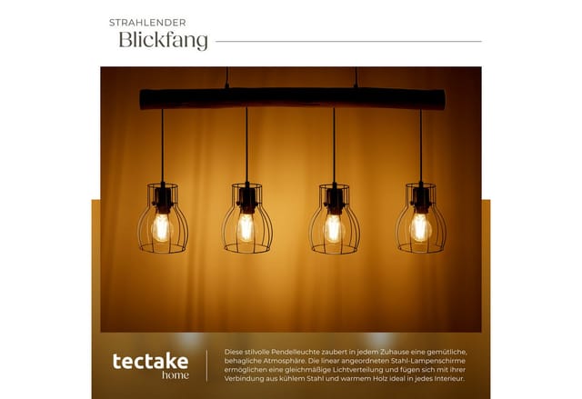 tectake® Pendelleuchte, 4-flammig, 4x E27, 40 W, massiver Holzbalken, Gitter-Lampenschirme, 82 x 13,5 x 140 cm