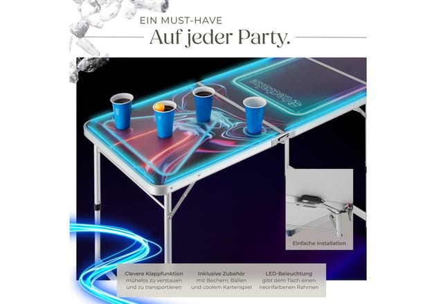 tectake® Aluminium Bierpongtisch, mit LED-Beleuchtung, bodenschonende Kunststofffüße, inklusive 100 Bechern, 6 Bällen und Kartentrinkspiel