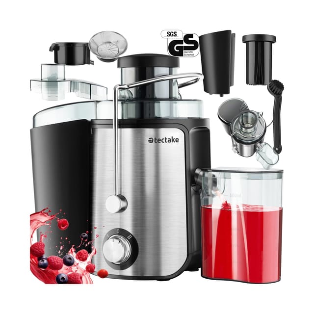 tectake® Entsafter, 600 W, 500 ml Fassungsvermögen, Edelstahlgehäuse, rutschfeste Gummifüße, 18 x 26 x 28,5, GS-Zertifikat