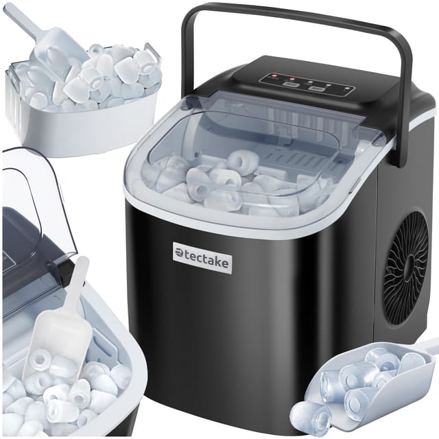 tectake® Eiswürfelmaschine, 1,2 l Wassertank, 2 Eiswürfelgrößen, 2 Assistenzsysteme, mit Reinigungsprogramm, inklusive Eiskorb und Eisschaufel