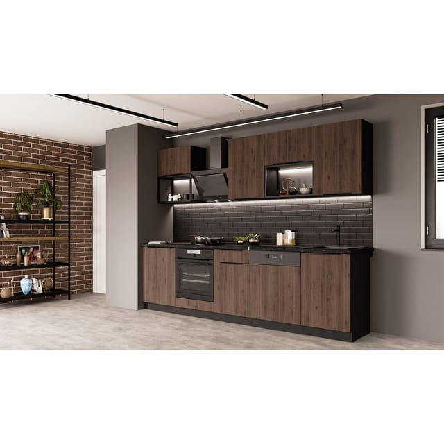 Küche MONZA BASIC LOFT 280 Küchenzeile Küchenblock Einbauküche Nussbaum Schwarz