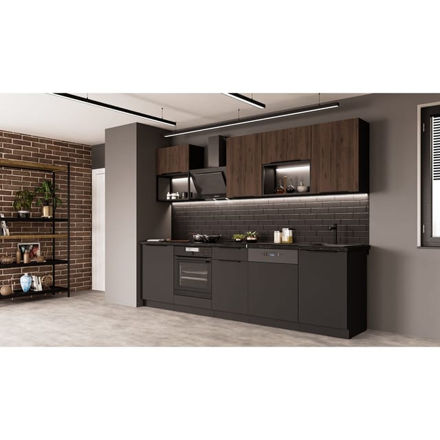 Küche SIENA + MONZA BASIC LOFT 280 Küchenzeile Küchenblock Einbauküche Nussbaum