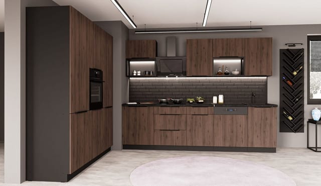 Küche MONZA LOFT 280 + 180 Küchenzeile Küchenblock Nussbaum Okapi Schwarz