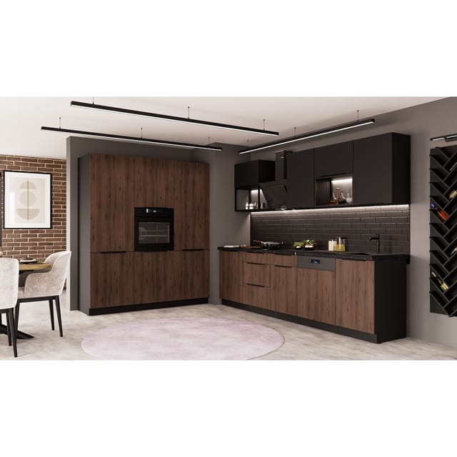 Küche MONZA SIENA LOFT 280 + 180 Küchenzeile Küchenblock Nussbaum Okapi Schwarz