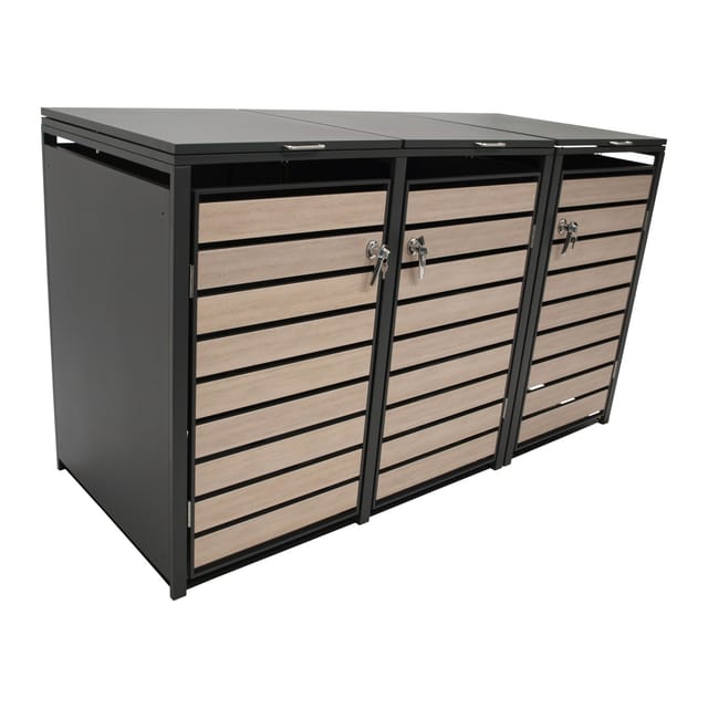 DEGAMO Mülltonnenbox 200x80x116cm für 3x Tonnen 120 und 240 Liter, Stahl anthrazit mit Türen Holzoptik