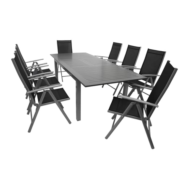 DEGAMO Garnitur BAJAZZO 9-teilig, Aluminium silbergrau + Kunstgewebe schwarz