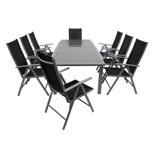 DEGAMO Garnitur PISA 9-teilig, Aluminium silbergrau + Glas + Kunstgewebe schwarz