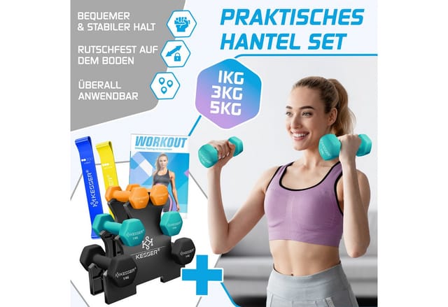 KESSER® Hantel-Set, 3 Paar, 1kg - 5kg, 12kg oder 18kg kurzhanteln mit Ständer Aufbewahrung, Fitnessstudio, Krafttraining, Hantelset rutschfeste Neopren, Mit Übungsheft, 2x Fitnessbänder