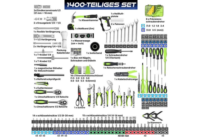 MASKO® Werkzeugkoffer 1400-teilig gefüllt Werkzeugset im Aluminiumkoffer Werkzeugkasten mit Rollen Werkzeugkiste Haushalt, Haus, Hobby, KFZ Trolley-Funktion Profi Werkzeugwagen Handwerkzeug