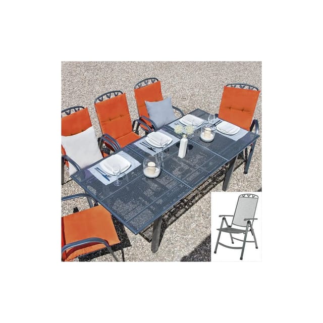 Toulouse Gartenmöbel-Set, 9-teilig, 8 Klappsessel und Ausziehtisch, robust und wetterfest, klappbar, für Terrasse, Balkon, Garten, eisengrau