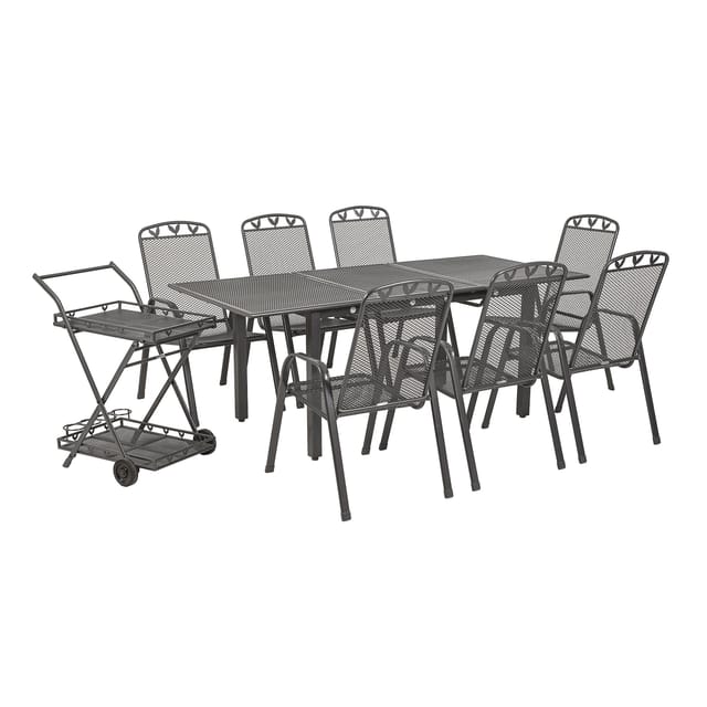Gartentischgruppe Toulouse, 9-teilig, ausziehbar, stapelbar, Servierwagen, Eisenstahl, Kunststoffummantelung, Streckmetall-Design, eisengrau, mit Blatt-Applikationen